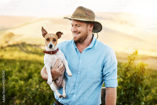 Photography Man, farmer and dog with smile in vineyard with hat, connection or care with growth, plants and fruits