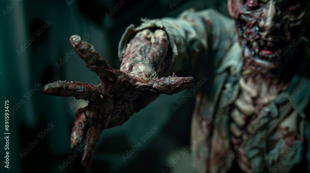Close-up of a zombie's hand reaching out, with decomposed skin and exposed bones Close-up of a zombie's hand reaching out, with decomposed skin and exposed bones
