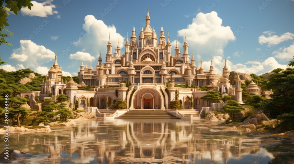 Fototapeta premium a castle in the sky with a reflection of the castle in the water.