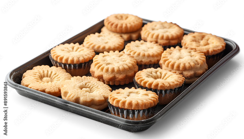 Tray with tasty sugar cookies isolated on white Tray with tasty sugar cookies isolated on white