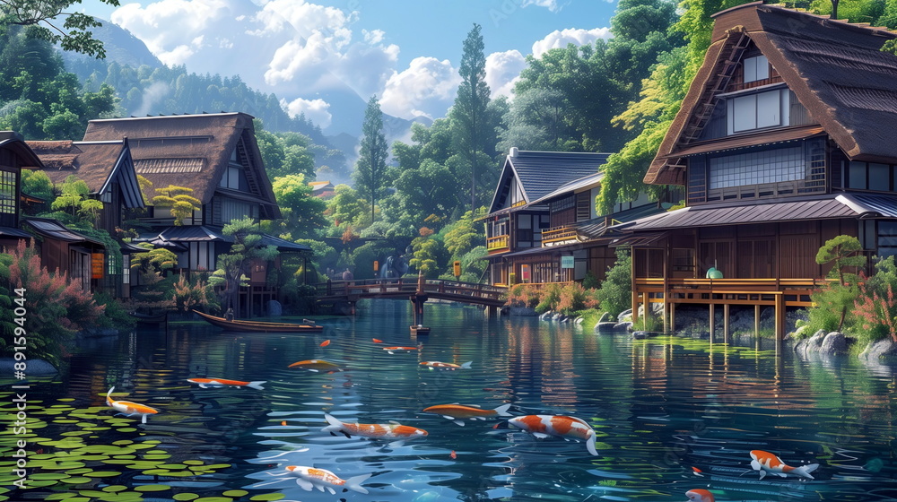 A tranquil riverside village with traditional thatched-roof houses, wooden bridges, and colorful koi ponds - beautiful background Japanese style comic in color A tranquil riverside village with traditional thatched-roof houses, wooden bridges, and colorful koi ponds - beautiful background Japanese style comic in color