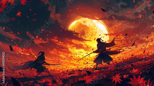 Wallpaper Mural A dramatic scene of a samurai duel at sunset, with swirling leaves, dramatic shadows, and a sense of impending conflict - beautiful background Japanese style comic in color Torontodigital.ca