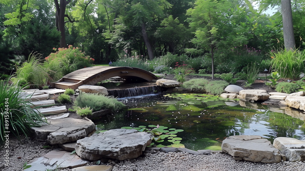 Peaceful garden oasis with a tranquil pond and ornate stone bridges Peaceful garden oasis with a tranquil pond and ornate stone bridges
