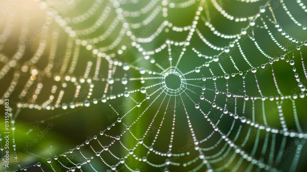 Spider web with dewdrops on a green background Spider web with dewdrops on a green background