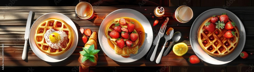 Top view of three delicious plates of waffles with strawberries, syrup, and coffee on a rustic wooden table. Top view of three delicious plates of waffles with strawberries, syrup, and coffee on a rustic wooden table.
