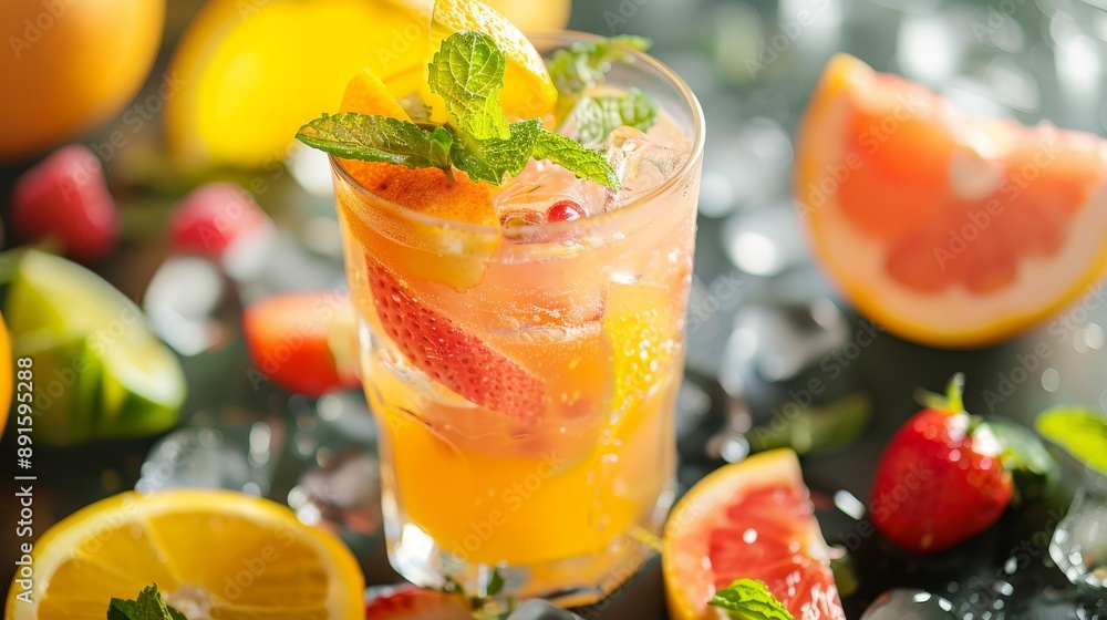 Refreshing citrus cocktail with mint and fruit slices on a sunny day Refreshing citrus cocktail with mint and fruit slices on a sunny day