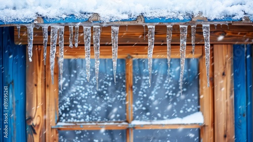 beautiful winter themed banner featuring icicles hanging from a rustic cottage, symbolizing the cold but stunning season