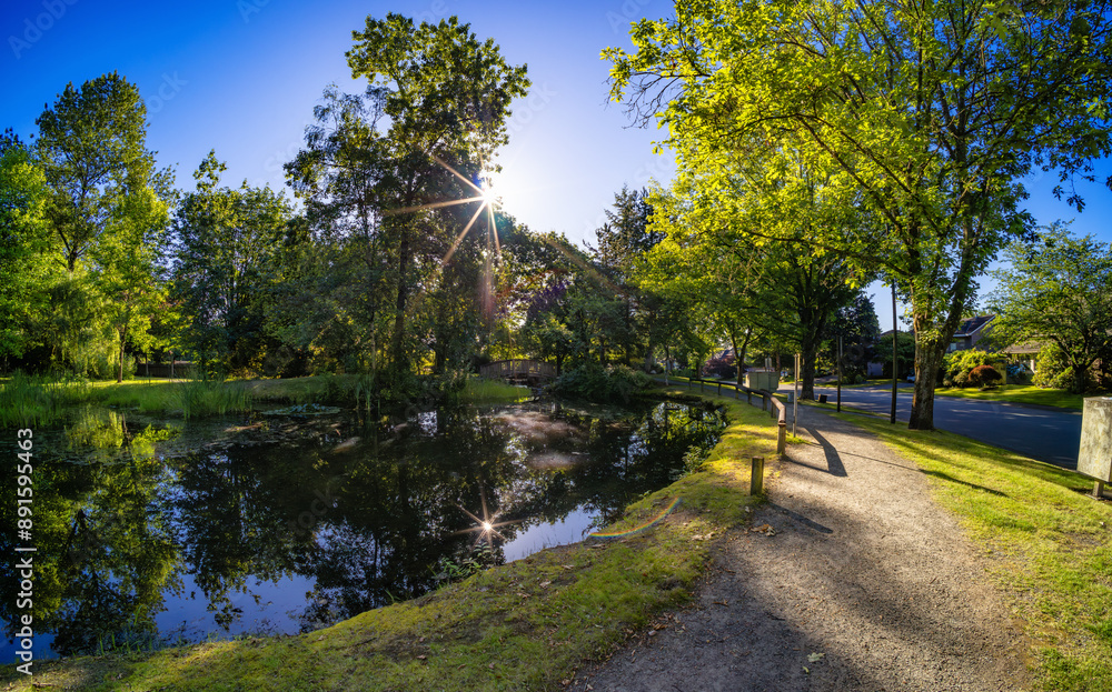 Obraz premium Sunny Sunrise in Suburban Neighborhood Park. Fraser Heights, Surrey, Vancouver, BC, Canada