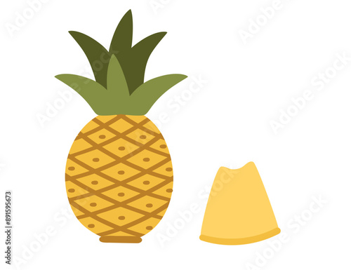 Whole pineapple with its green spiky crown and a single slice of pineapple. Sweet tropical fruit plant. Vector illustration isolated on white background