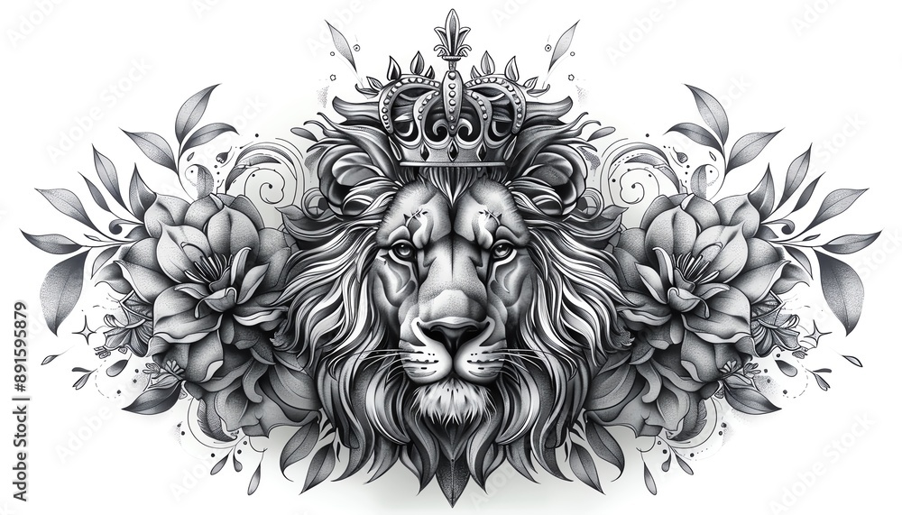 A detailed tattoo design representing a lions head with a crown, surrounded by floral patterns and geometric shapes A detailed tattoo design representing a lions head with a crown, surrounded by floral patterns and geometric shapes