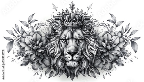 A detailed tattoo design representing a lions head with a crown, surrounded by floral patterns and geometric shapes photo