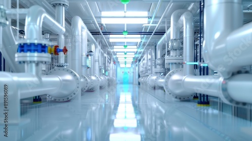 High-Tech Facility, Interior with complex white piping, Industrial Innovation.