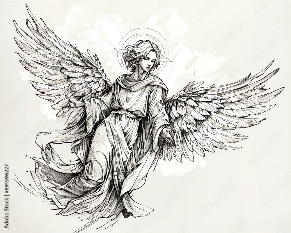 A detailed tattoo design representing a guardian angel, with flowing robes and radiant wings A detailed tattoo design representing a guardian angel, with flowing robes and radiant wings