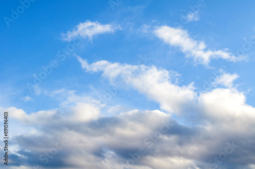 Sky landcape. Blue sky background with white dramatic colorful clouds,