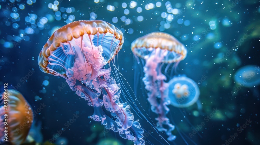 Majestic Exotic Jellyfish Gliding Through the Deep Blue Sea Majestic Exotic Jellyfish Gliding Through the Deep Blue Sea