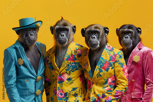 Creative animal concept. Ape in a group, vibrant bright fashionable outfits isolated on solid background advertisement, copy text space. birthday party invite invitation banner photo