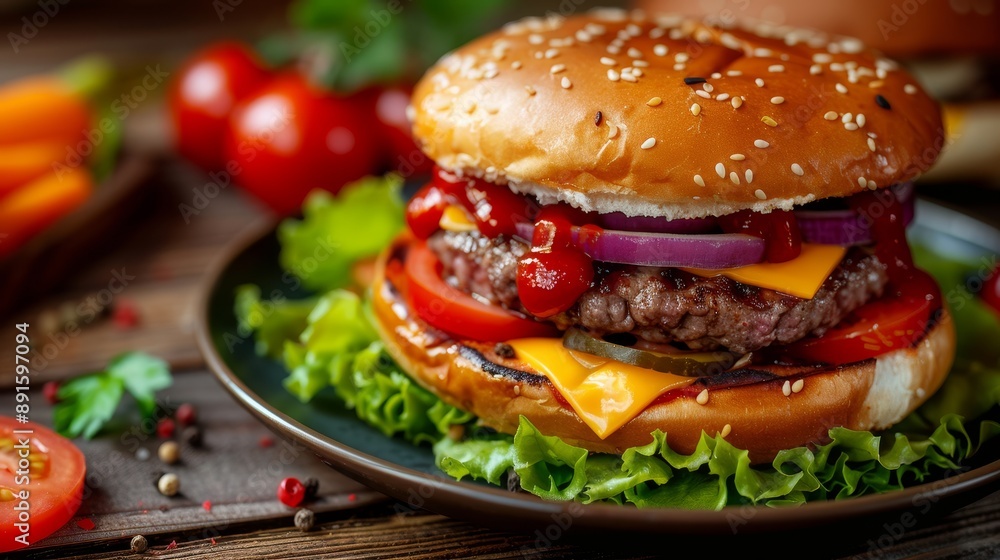 Delicious hamburger with fries on a black plate Delicious hamburger with fries on a black plate