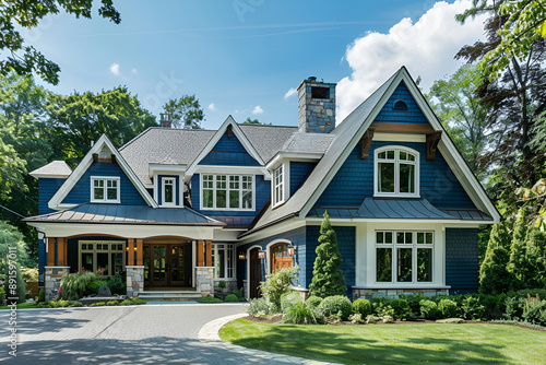Beautiful residential home exterior on bright sunny day with green grass and blue sky ,A large gray craftsman new construction house with a landscaped yard and leading pathway sidewalk