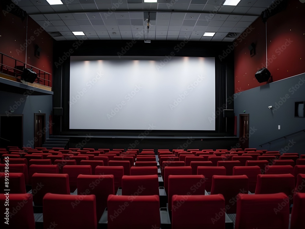 Fototapeta premium Empty Modern Cinema Theater with Red Seating and Blank Projection Screen