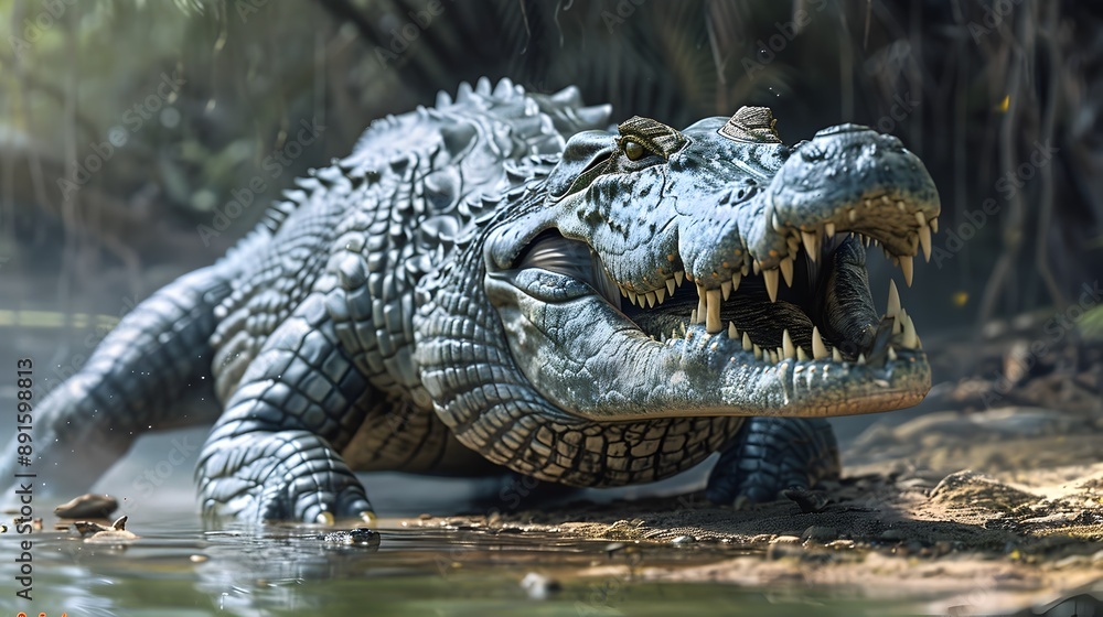 Fototapeta premium Powerful Crocodile Prowling in Serene Swampland Habitat