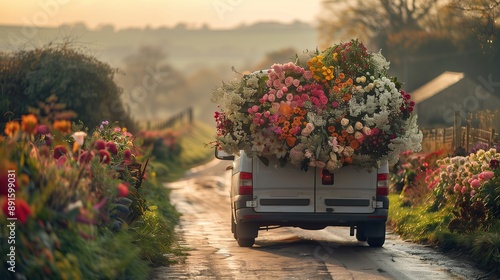 Beautiful flowers in a car trunk on a country road. Flowers delivery service.
