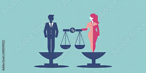 Silhouettes of a woman and a man standing on scales symbolizing equal pay while holding the balance. A symbol of equal pay for men and women. International Equal Pay Day. Vector illustration.