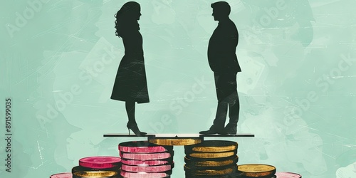 A woman and a man stand on a board on a pile of coins holding a balance. A symbol of equal pay for men and women. International Equal Pay Day. Vector illustration.