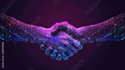 Handshake in Digital Futuristic Style, Concept of Partnership, Technology Integration, Virtual Collaboration, High-Tech Interaction, Modern Business Agreement, Digital Partnership, Futuristic Communic photo