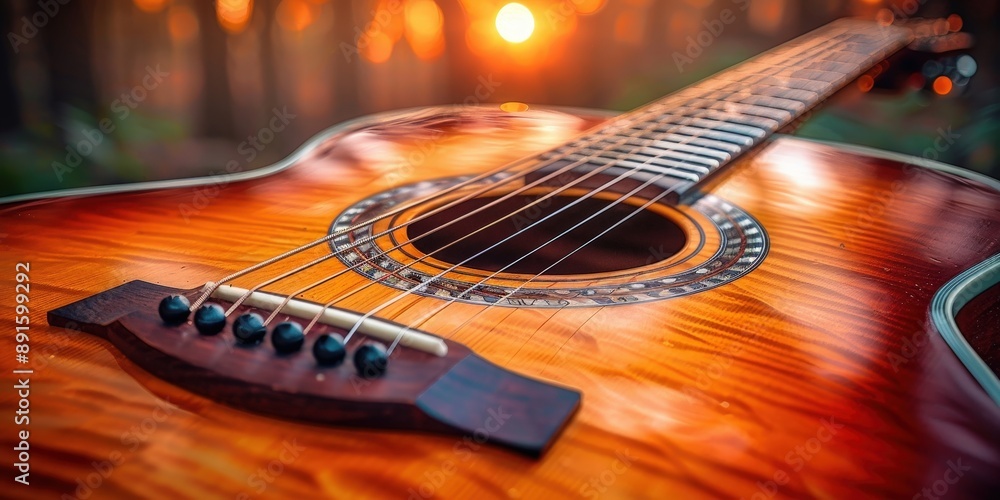 Fototapeta premium Glowing Sunset Acoustic Guitar Closeup