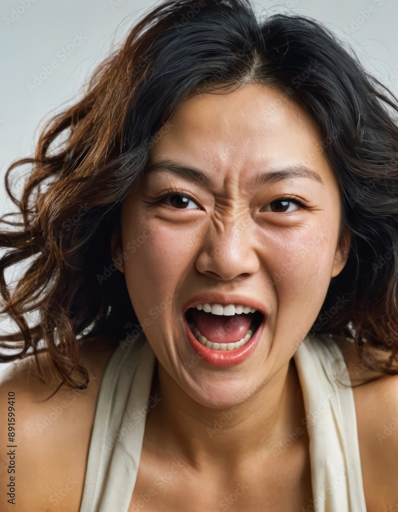 laughing asian woman,  portrait of an adult female screaming