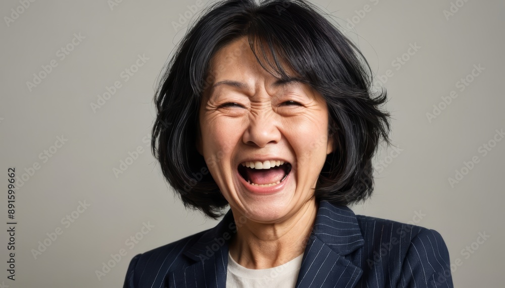 portrait of a mautre japanese woman, laughing female, face of a person portrait of a mautre japanese woman, laughing female, face of a person