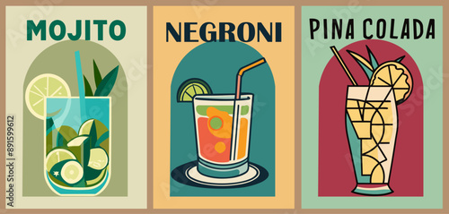 Cocktails retro poster set. Mojito, pina colada, negroni. Collection of popular alcohol drinks. Vintage style flat vector illustrations for bar, pub, restaurant decoration, kitchen wall art print.