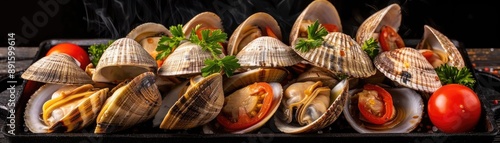 Freshly cooked clams served with tomatoes and parsley, perfect for a seafood dinner or gourmet meal presentation.