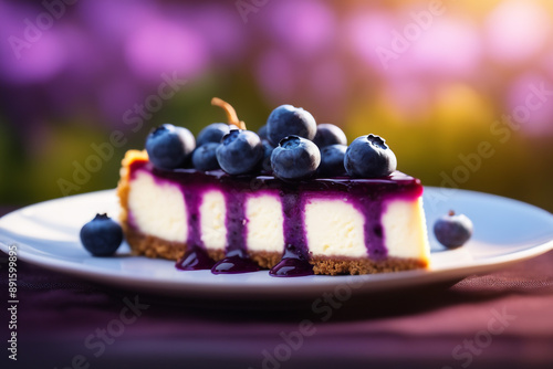 A cheesecake with Blueberry in Purple colored natural background