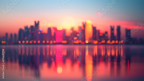 Serene Skyline Sunset Reflection across Tranquil Urban Waters © vanilnilnilla