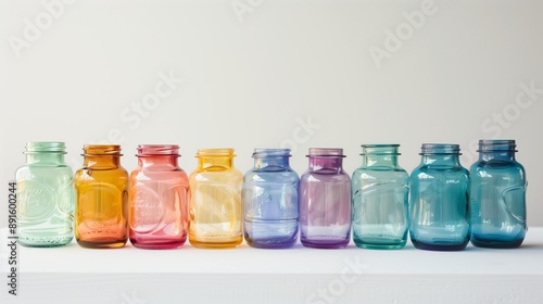 A collection of rainbow-colored glass jars lined up neatly on a plain white surface.