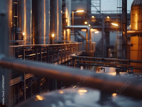 Industrial Facility at Dusk: A Photo of Steel Pipes and Metal Walkways