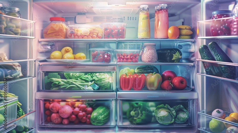Fresh fruits and vegetables inside a well-lit refrigerator Fresh fruits and vegetables inside a well-lit refrigerator