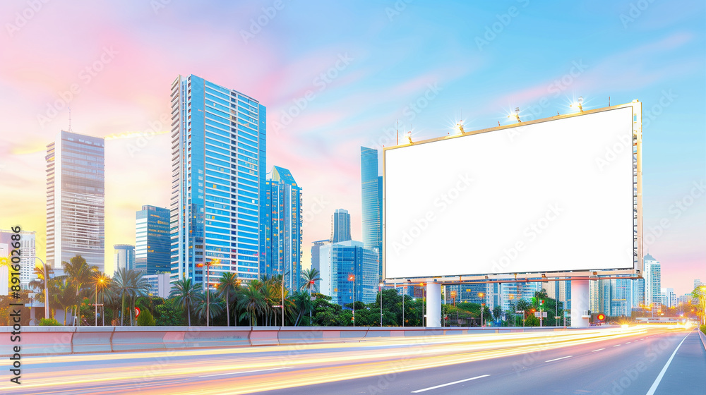 Urban city skyline with tall modern buildings and a blank billboard against a tranquil evening sky. Captivating urban landscape showcasing infrastructure and architecture design Urban city skyline with tall modern buildings and a blank billboard against a tranquil evening sky. Captivating urban landscape showcasing infrastructure and architecture design