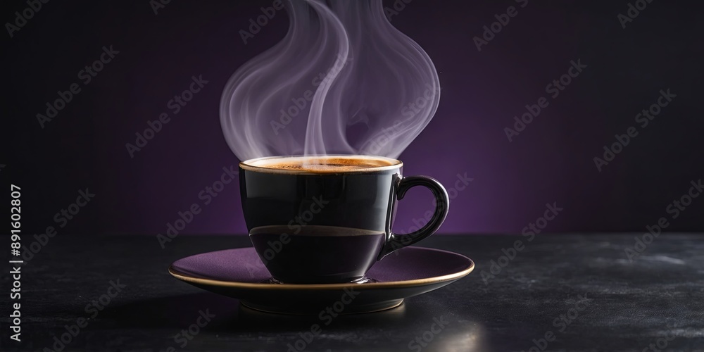 Cup of hot coffee with steam rising, presented on a matching saucer over a smooth purple background, creating a calm and monochromatic aesthetic perfect for design and culinary themes. Cup of hot coffee with steam rising, presented on a matching saucer over a smooth purple background, creating a calm and monochromatic aesthetic perfect for design and culinary themes.