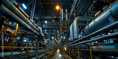 Industrial Interior: A Photo of a Large, Complex, and Complicated Industrial Building Filled with Pipelines, Structures, and Equipment