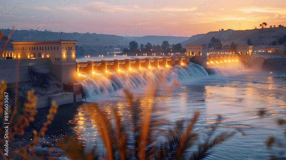 Illuminated Aswan High Dam at Dusk with Blurred Waterscape and Architecture Illuminated Aswan High Dam at Dusk with Blurred Waterscape and Architecture
