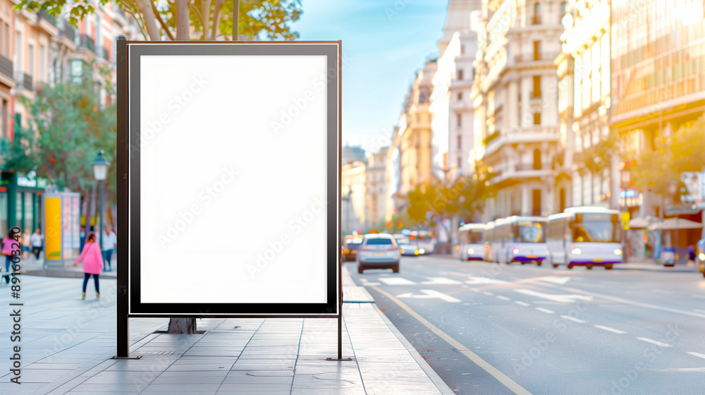 Blank Billboard in City Street. Urban Life Scene with People Walking and Vehicles Passing by in Bright Downtown Environment. Advertising Space in Modern City Blank Billboard in City Street. Urban Life Scene with People Walking and Vehicles Passing by in Bright Downtown Environment. Advertising Space in Modern City