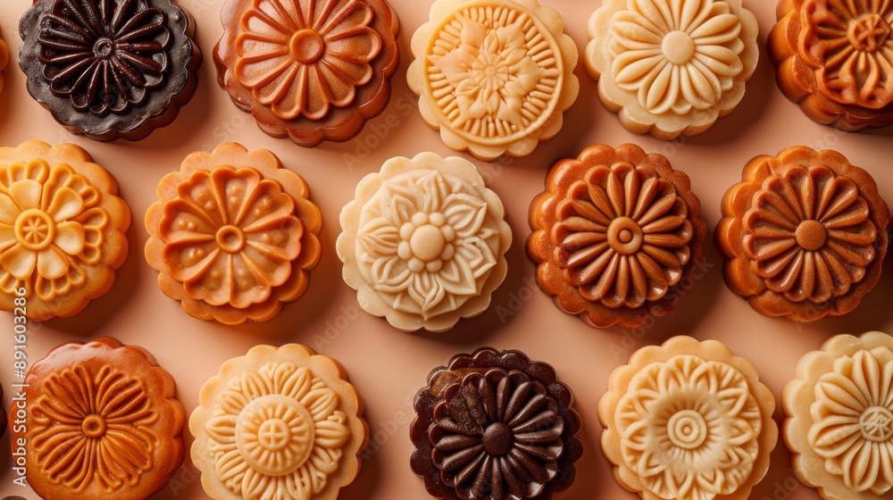 festive mooncakes, mooncakes form a delicate pattern, reflecting the full moon and unity during the mid-autumn festival, symbolizing traditions festive mooncakes, mooncakes form a delicate pattern, reflecting the full moon and unity during the mid-autumn festival, symbolizing traditions