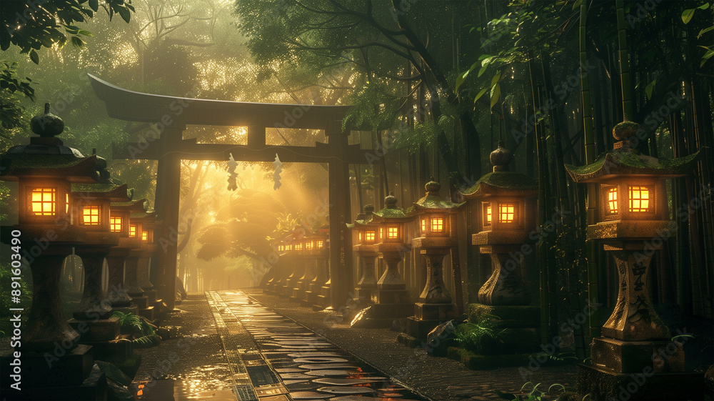 Obraz premium 神秘的な竹林の鳥居と石灯籠