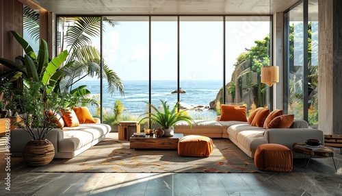 Realistic cozy modern living room with large windows, sea view, tropical plants, sofa, armchairs, coffee table, wooden boho accessories