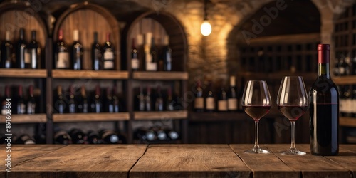 empty wooden table in front blurred wine cellar in the background winery and beverage concept, background for product display.
