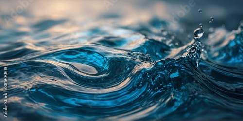 Colorful iridescent blue fluid water in motion with curves and turbulent flowing waves backdrop macro. photo