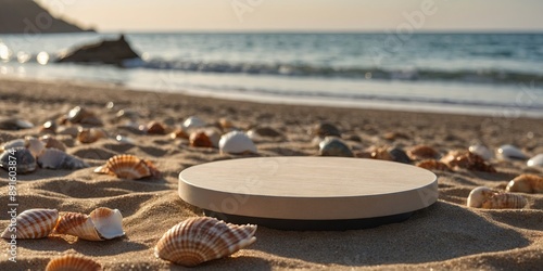 Empty round platform for product display on sandy beach with seashells.