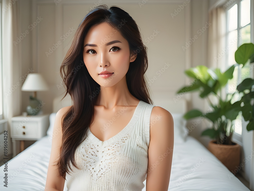 Beautiful Asian stylish woman. Clean sensual shining face, makeup. Amazing styling black hair home lifestyle woman relaxing enjoying luxury, young female gorgeous portrait, sexy closeup face lips eyes Beautiful Asian stylish woman. Clean sensual shining face, makeup. Amazing styling black hair home lifestyle woman relaxing enjoying luxury, young female gorgeous portrait, sexy closeup face lips eyes